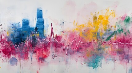 Abstract Painting with Cityscape and Heartbeat Line