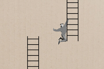 Composite photo collage of happy businesswoman hang career ladder take selfie picture determination...
