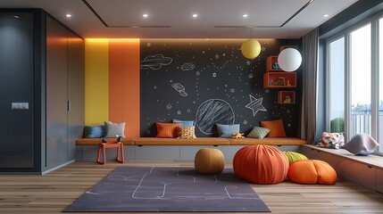 A modern kid's bedroom with minimalist furniture, bright color accents, and a wall-sized chalkboard for drawing and learning. 8k UHD, suitable for high-quality printing or digital display. 