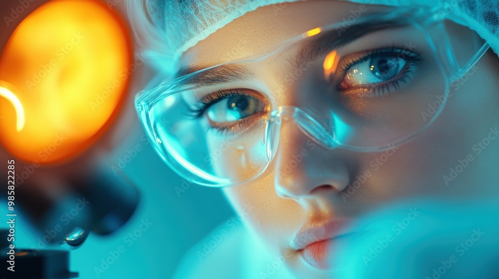 Poster a close up shot of a biomedical engineer using a microscope to analyze tissue samples, advancing med