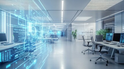 Fototapeta premium Futuristic Office Interior with Holographic Digital Data Projections