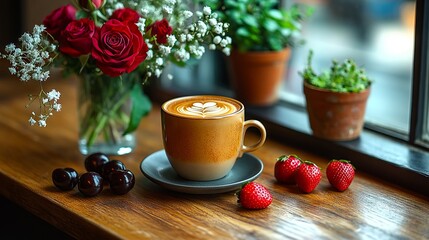 Fototapeta premium A cup of coffee sitting on top of a wooden table next to a vase of flowers