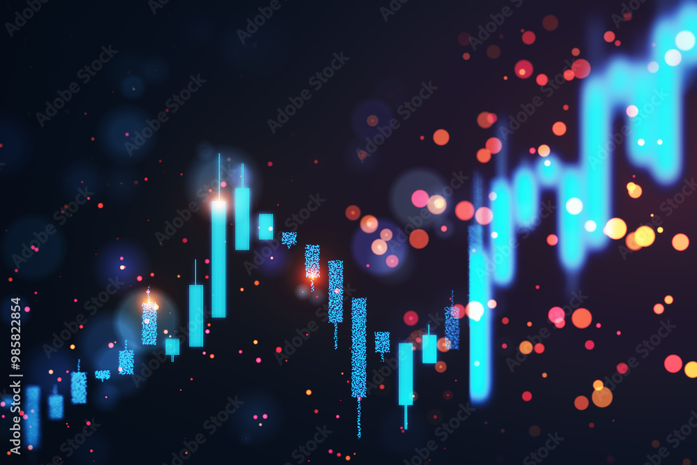 Aufkleber Forex trading graph with neon candlestick chart on dark bokeh background. 3D Rendering