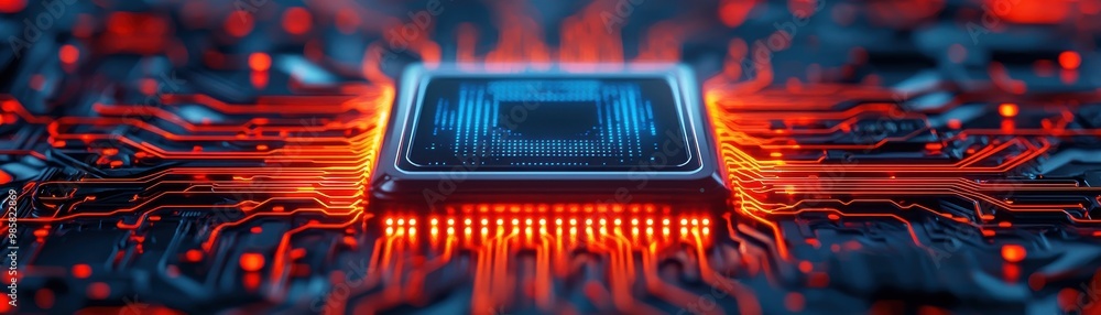Poster highly detailed close-up of a microchip with glowing circuitry, showcasing advanced technology and e