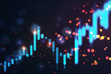 Forex trading graph with neon candlestick chart on dark bokeh background. 3D Rendering