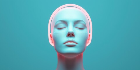 Futuristic mannequin head with neon light accents on turquoise background.
