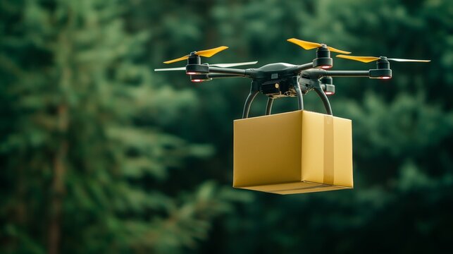 A drone delivering a yellow package over a green forest backdrop, showcasing modern delivery technology in action.