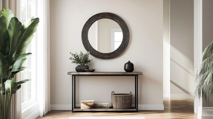 A stylish console table with modern placed in a hallway with an accent mirror above.