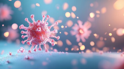 Obraz premium A vibrant graphic illustration of a virus particle replicating and spreading, showcasing the rapid contagion of infections.