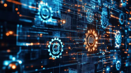 Fototapeta premium Abstract digital background with gears and code, glowing in blue and orange hues.