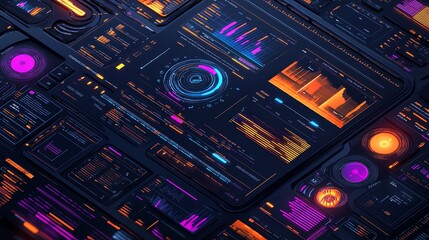 Abstract futuristic interface with digital elements in neon colors.