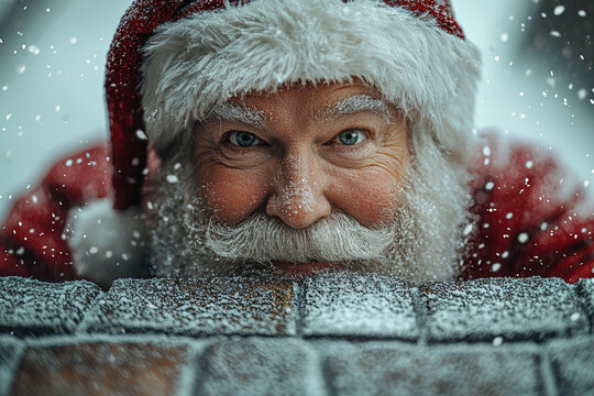 A Santa Claus trying to squeeze into a chimney that's obviously too small. Concept of holiday humor and impossible tasks. (Avoid brands and logos, generate