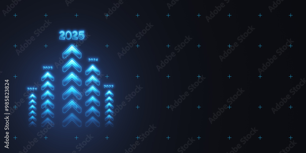 Poster Neon arrows pointing upwards in a dark background showing growth till 2025. 3D Rendering