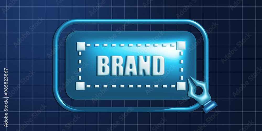Poster 3D Render of Branding Concept with Digital Pen on Dark Blue Grid Background. 3D Rendering