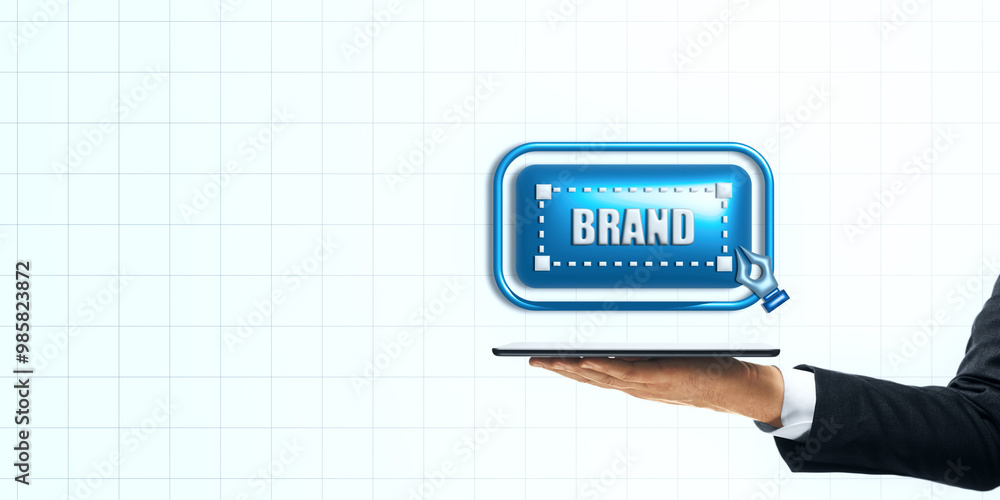 Poster digital branding concept represented by a tablet with a 'brand' icon on a light grid background.