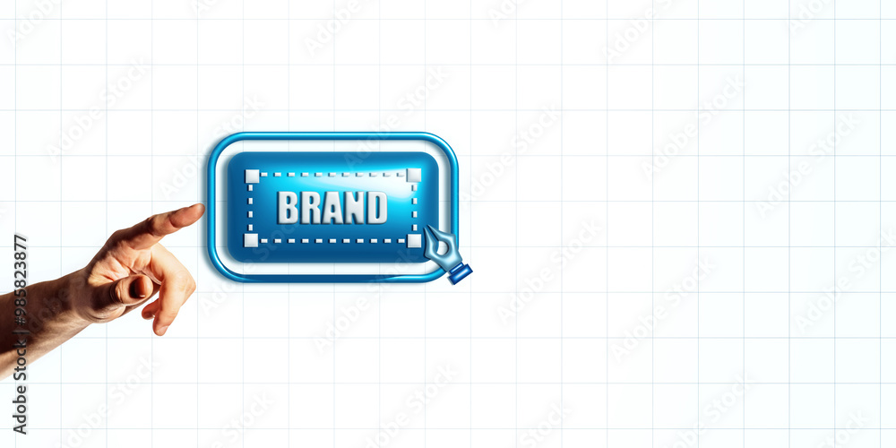 Poster Hand pointing at a digital brand creation icon on a light grid background.