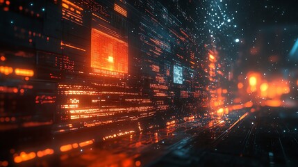 Abstract futuristic technology background with glowing lines and digital interfaces.