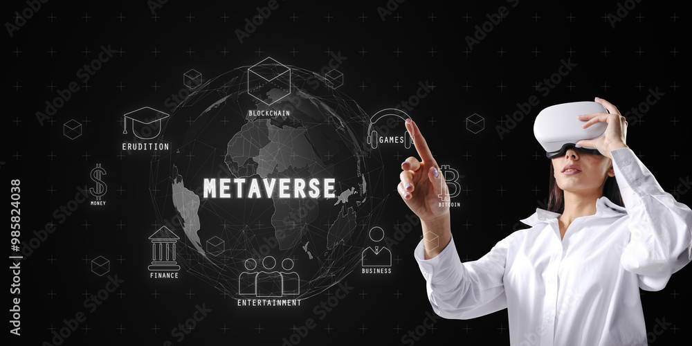 Poster woman using vr headset with metaverse icons on black background, concept of virtual reality and digi