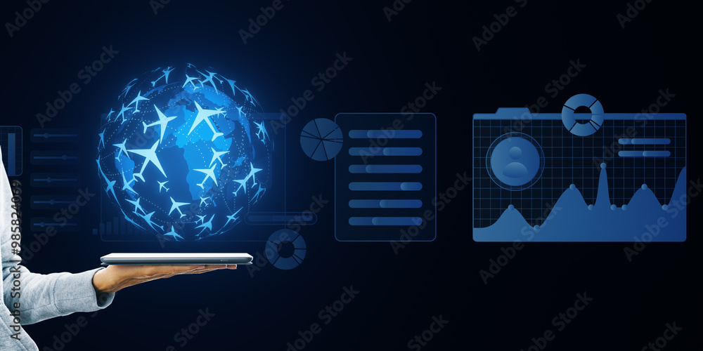 Poster digital flight booking interface with world map and airplanes on a dark background.