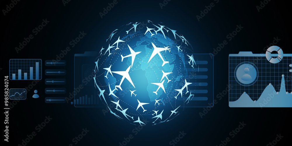 Poster Digital Flight Booking Concept with Global Map and Data Interface. 3D Rendering