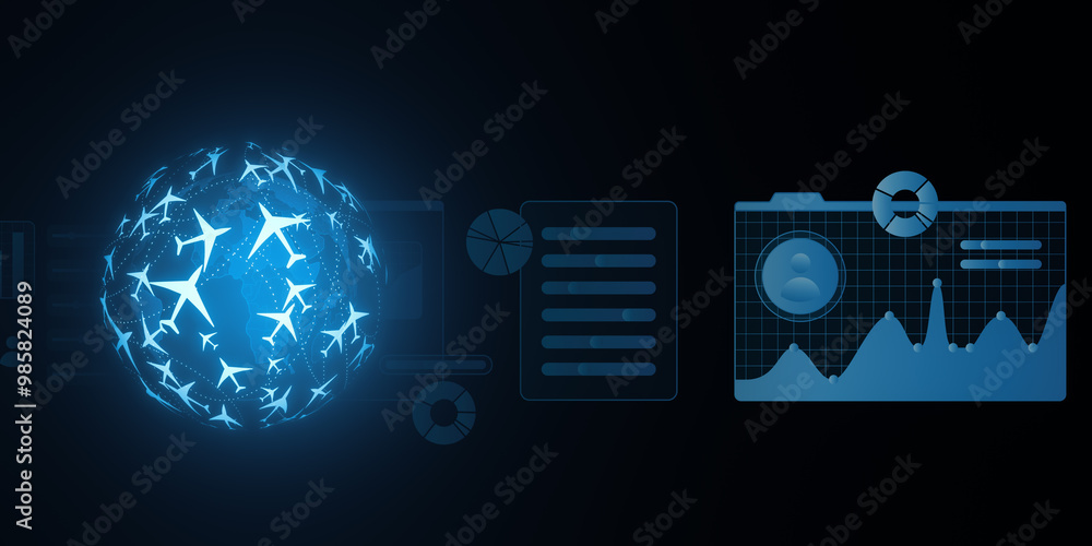 Poster Digital flight booking concept with global network and data charts. 3D Rendering
