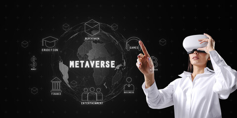 Woman using VR headset with metaverse icons on black background, concept of virtual reality and digital interface.