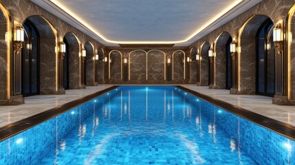 Obraz premium Illuminated Elegance - Ultra-Modern Indoor Pool in Luxury Home with Artistic Architecture and Copy Space for Text