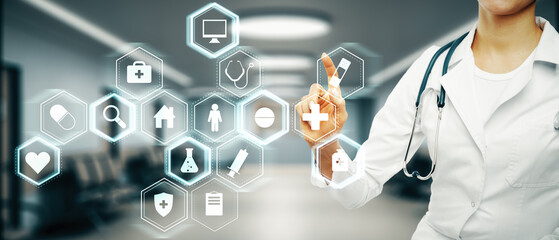 Female doctor interacting with digital healthcare icons in a modern clinic background.