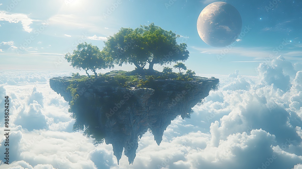 Aufkleber a small island floats high above the clouds with a large tree, a smaller tree in the foreground, and