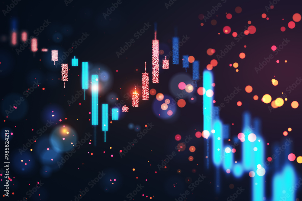 Aufkleber Financial market chart with bokeh lights and digital data visualization. 3D Rendering