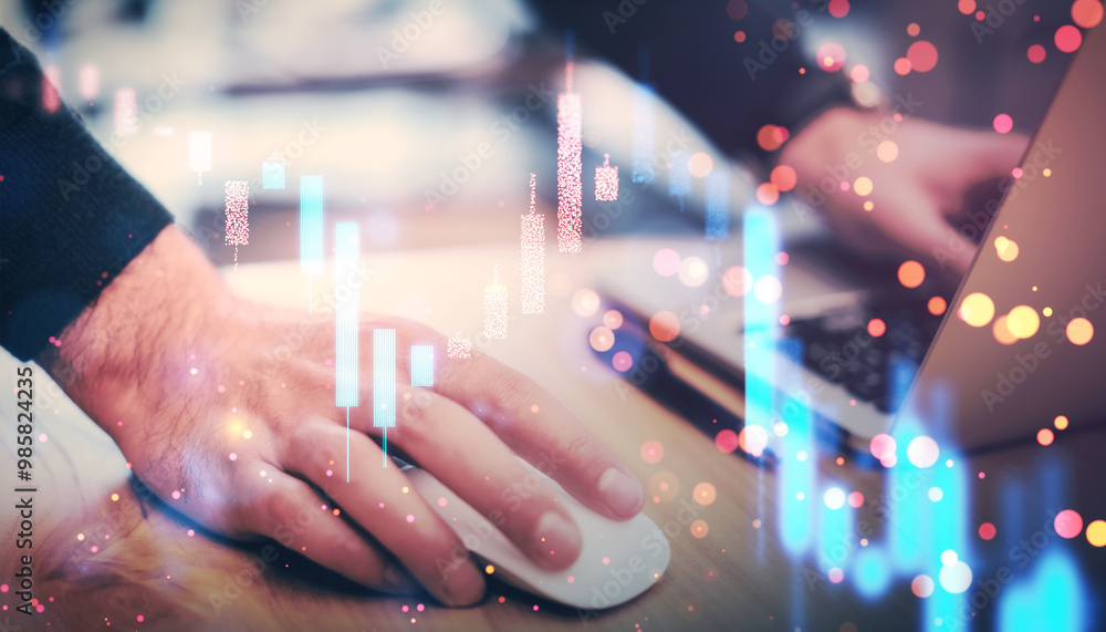 Aufkleber person using a mouse and laptop with financial data graphs overlayed, illustrating market trading an