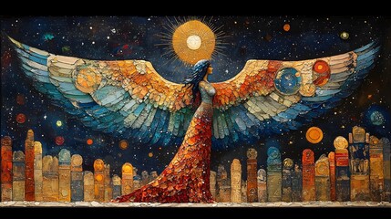 Sumerian Goddess Inanna Adorned in Celestial Motifs Against Starry Backdrop