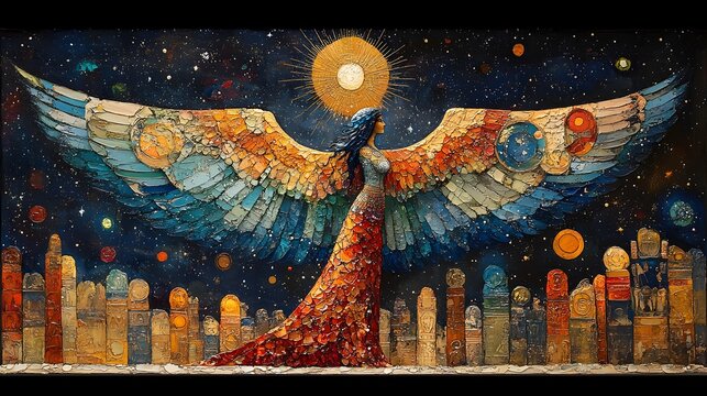 Naklejki Sumerian Goddess Inanna Adorned in Celestial Motifs Against Starry Backdrop