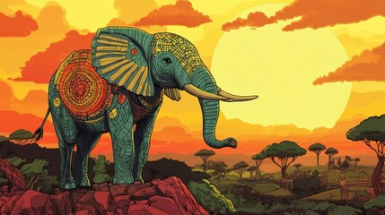 Fototapeta premium Ornate Elephant Standing on a Cliff at Sunset