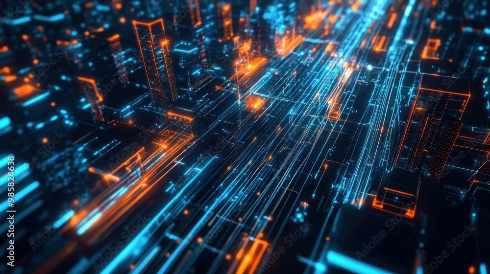 Poster abstract futuristic cityscape with glowing lines and structures