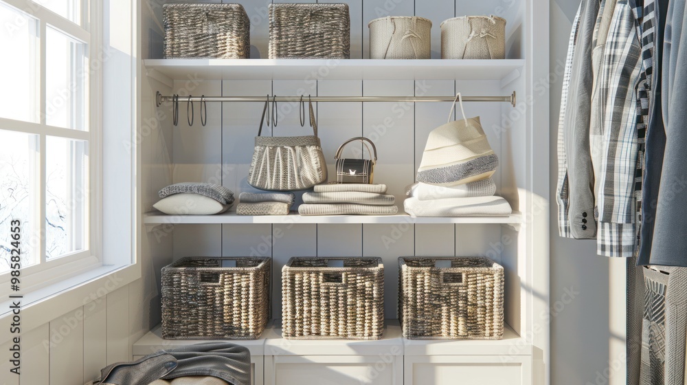 Sticker organized closet with woven baskets and clothes