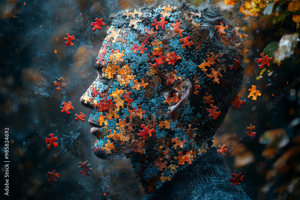 Aufkleber a person with a brain made of puzzle pieces, some missing and scattered around them, representing me