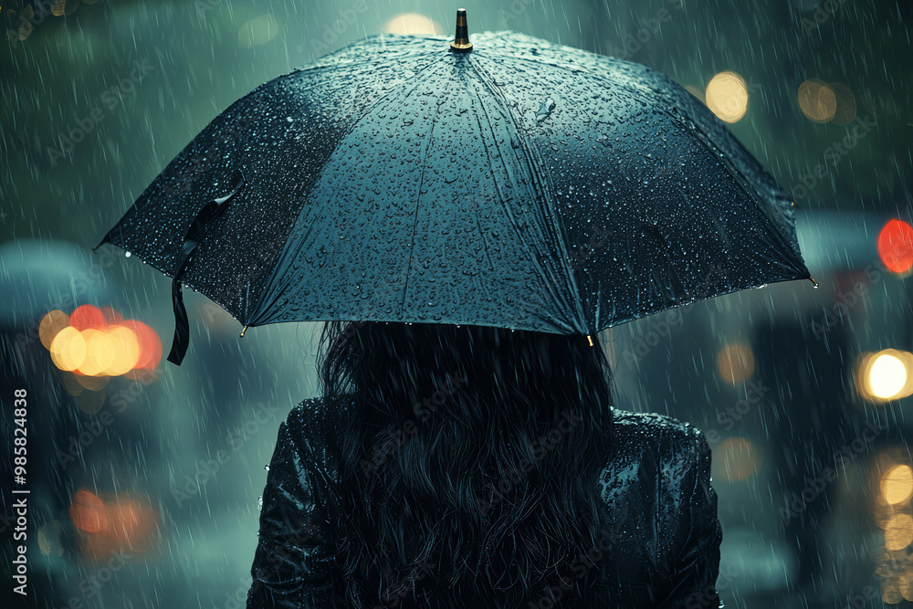 Poster a person trying to use a broken umbrella in heavy rain, clearly struggling and unhappy. concept of w