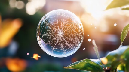 Fototapeta premium A soap bubble with a delicate spiderweb pattern imprinted on its surface, highlighting the fragility of the film.