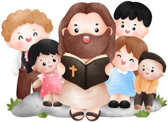 Cute cartoon character of Jesus reading the Bible with children, watercolor illustration. © Ankochan Studio