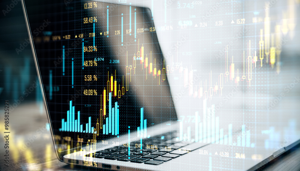 Poster double exposure of financial data and a laptop screen displaying stock market charts.