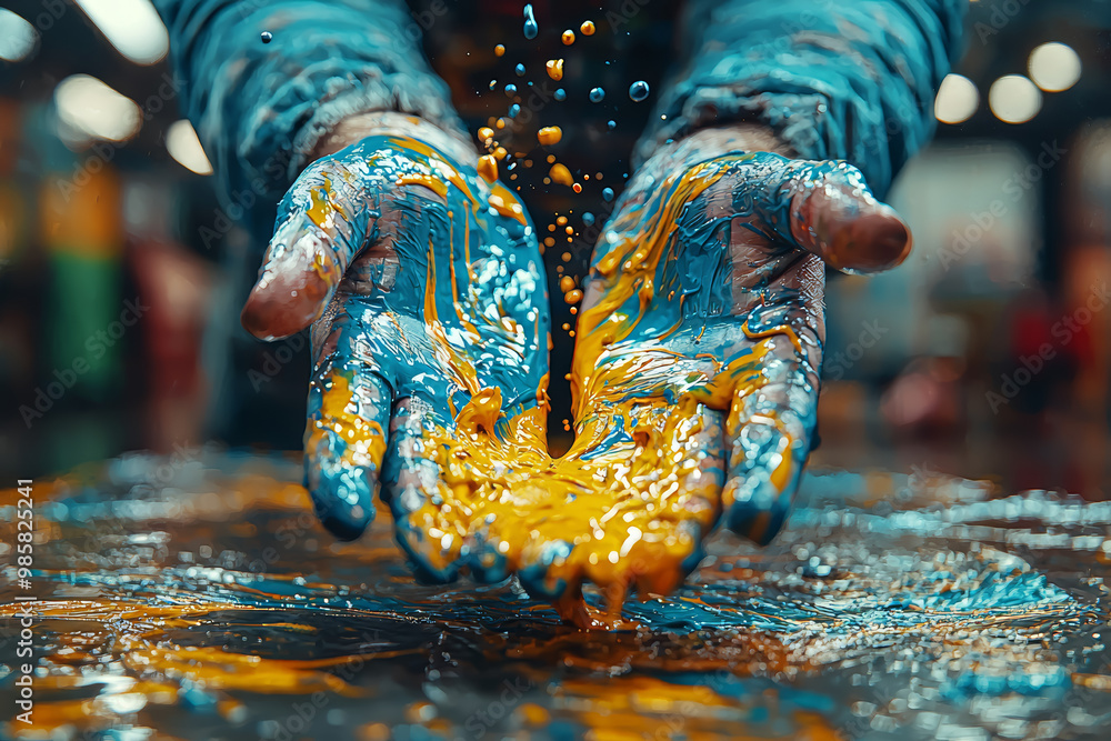 Poster a person spilling paint while trying to redecorate, creating a messy situation. concept of diy disas