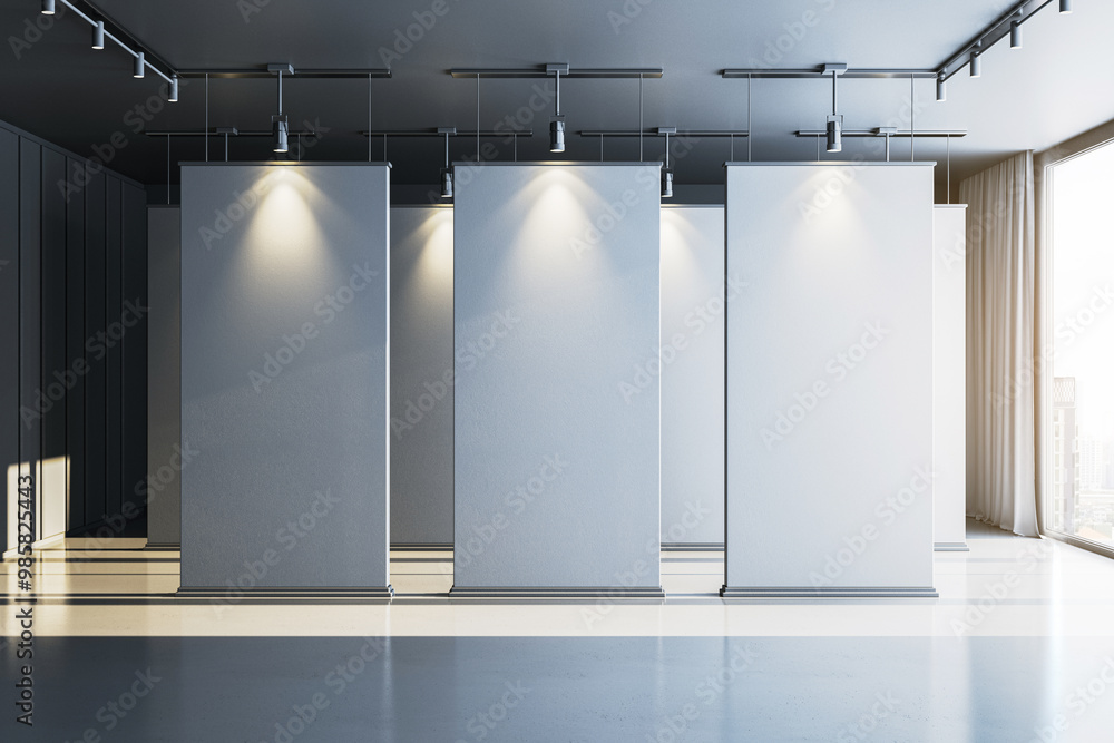 Poster modern gallery interior with blank partition walls for exhibition design. 3d rendering