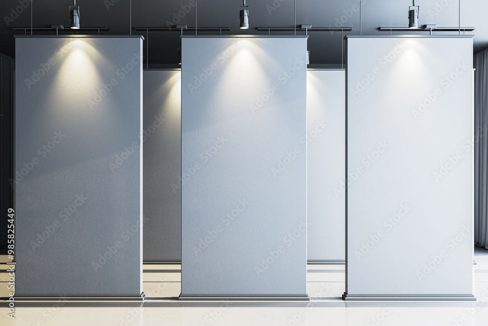 Poster Modern gallery interior with blank partitions illuminated by spotlights. 3D Rendering