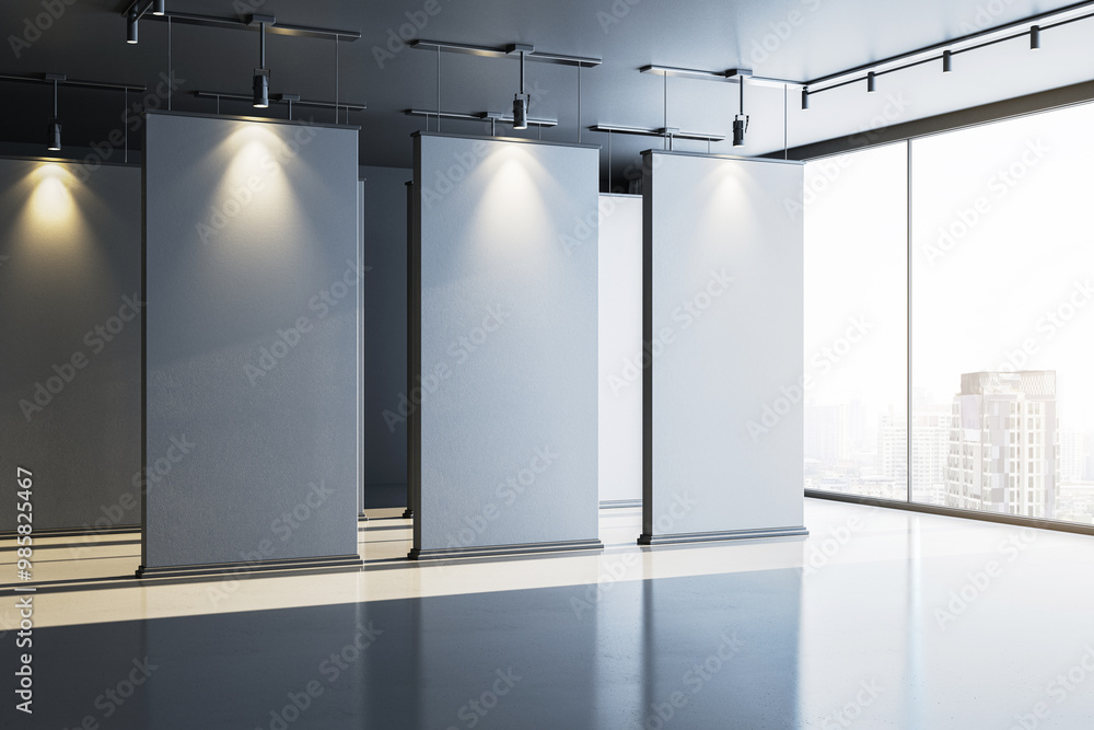 Poster modern exhibition space with blank partitions and city view. 3d rendering