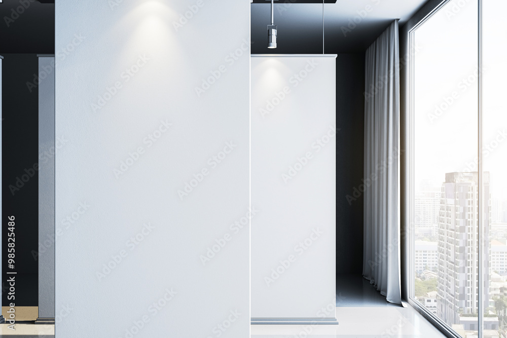 Poster Modern interior gallery space with empty white walls and cityscape view. 3D Rendering