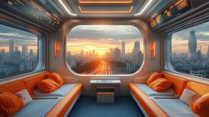 A modern high speed train interior showcases comfortable seating with orange cushions, offering stunning view of city skyline at sunset. ambiance is warm and inviting, perfect for travelers