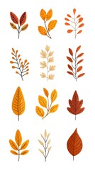 Set of autumn leaves clip art, vector illustration, white background, flat color, hand-drawn style, autumn colors