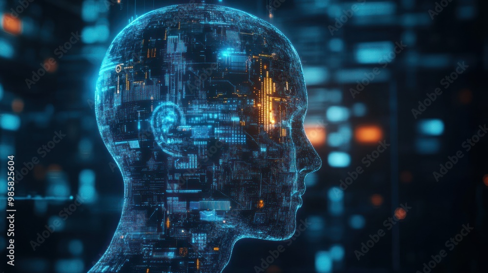 Poster digital human head constructed from code and data