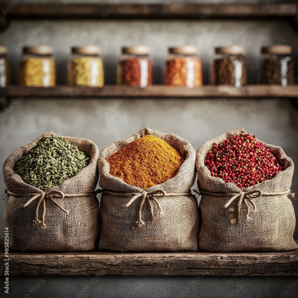 Poster a spice shop with sacks of different spices displayed on shelves.